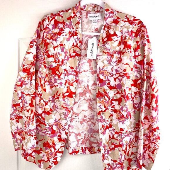 NWT Peck & Peck 100% Linen Open Front Blazer Unlined Floral Lightweight Size M - Picture 1 of 9